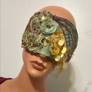 Elegant Golden  Sequin Headpiece Burlesque Beaded Boudoir Eye Mask
